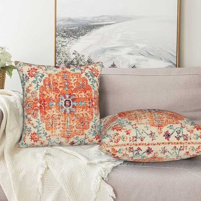Boho Throw Pillow Covers 18 x 18 Set of 2, Orange Blue Ethnic Design Pillow Covers Farmhouse Carpet Pattern Rustic Cushion Cases Decorative Gifts for Couch Sofa Indoor Outdoor