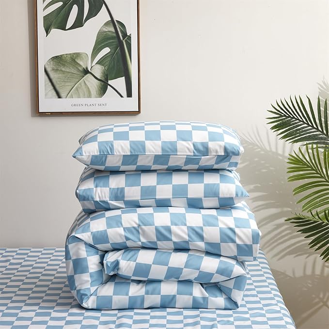 Blue and White Checkered Comforter Set Twin Comforter Set Lightweight Twin Bedding Set 3 Pieces Includes 1 Checkered Comforter (68"x90") and 2 Pillowcases (20"x26")