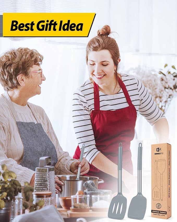 Pack of 2 Silicone Solid Turner, Non Stick Slotted Kitchen Spatulas, High Heat Resistant BPA Free Cooking Utensils, Ideal Cookware for Fish, Eggs, Pancakes(Gray)