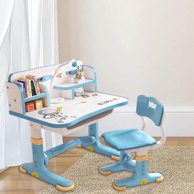 Kids Desk and Chair Set, Height Adjustable Desk with Storage Drawers and Bookshelf, Ergonomic Curved Desktop Reading Writing Table (Blue)