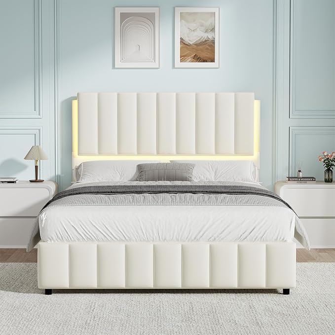 Queen Bed Frame with LED Lights and Headboard, Modern Upholstered Faux Leather Platform Bed with Wooden Slats Support, No Box Spring Needed, Easy Assembly, Cream