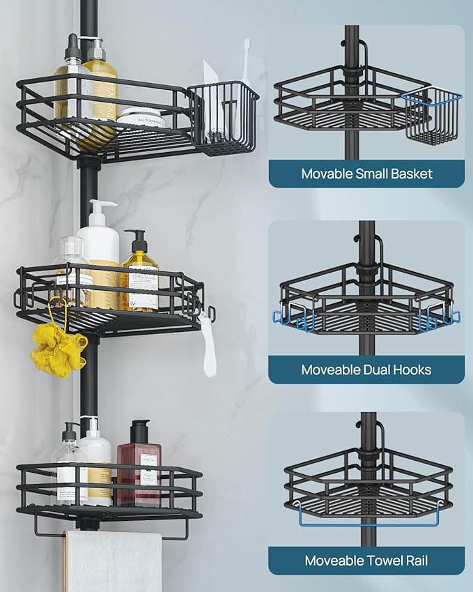 SEIRIONE Corner Shower Caddy Tension Pole, Quick Setup, Rust-Free Bathroom Shower Organizer Corner for Bathtub Shampoo Storage, 4-Tier Adjustable Shelf, Drill Free, Fits 39 to 113 Inch Height, Black