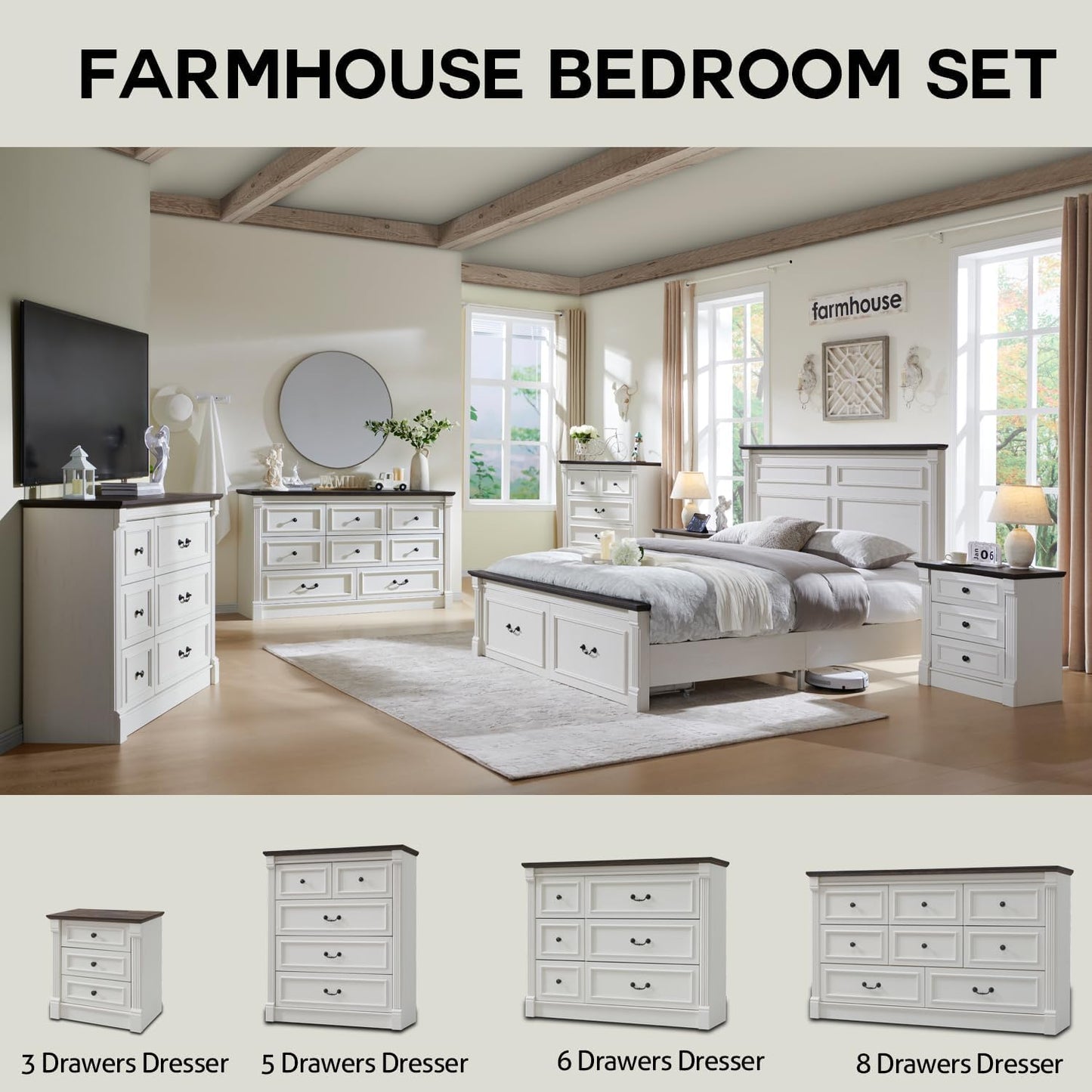 Aitjunz Farmhouse 8 Drawers Dresser for Bedroom, 61" Wide Large Dressers & Chests of Drawers w/Roman Column, Storage Dressers Organizer for Bedroom, Hallway, Living Room, White