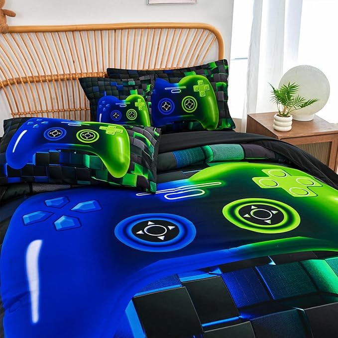 PERFEMET 6-Piece Game Twin Comforter Set for Kids Blue and Green Boys Gaming Bed in a Bag with Sheets Soft 3D Cool Fluffy Video Game Console Bedding Set for Girls Teen(Blue Green, Twin)