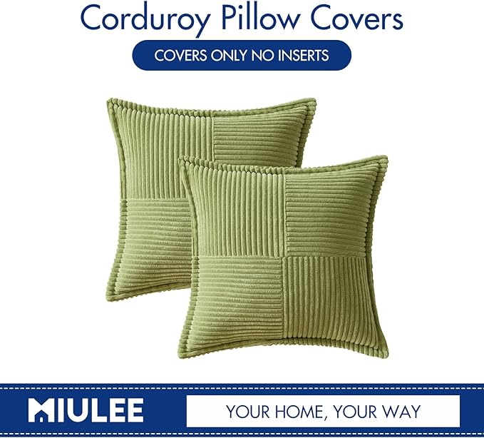 MIULEE Decorative Throw Pillow Covers for Couch Bed Livingroom 18x18 Inch Set of 2 Green Boho Accent Throw Pllows Broadside Striped Patchwork Soft Corduroy Summer Pillowcases