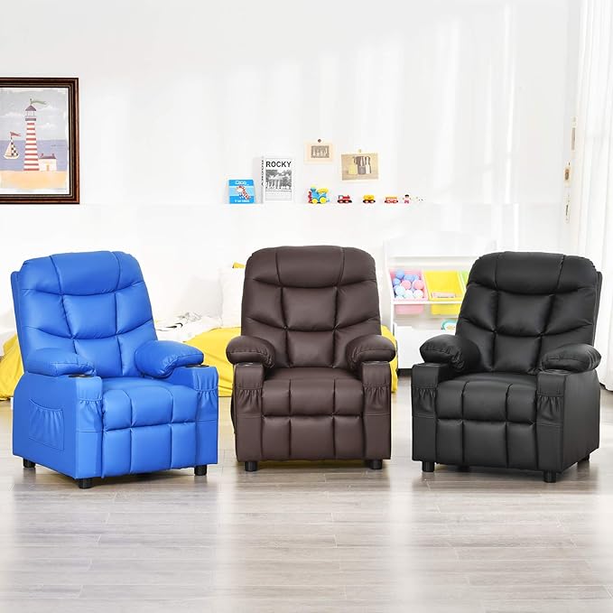 Kids Recliner, Kids Recliner Chair w/ 2 Cup Holders, PU Leather Kids Chairs Compy w/Adjustable Backrest & 3 Pockets, Toddler Furniture Sofa for Boys Girls Aged 3+ (Brown)