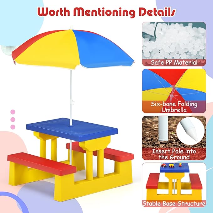 DORTALA Kids Picnic Table, Outdoor Toddler Table and Bench Set with Removable Umbrella, Plastic Kids Activity Table Set for Backyard, Garden, Nursery, Gift for Boys Girls Age 3+, Colorful