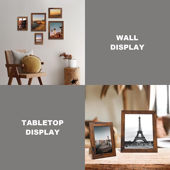 4x6 Picture Frame Set of 4, High Definition Glass 4 x 6 Frame, Wood Rustic Photo Frames for Horizontal or Vertical Display Tabletop and Wall Mounting, Dark Brown
