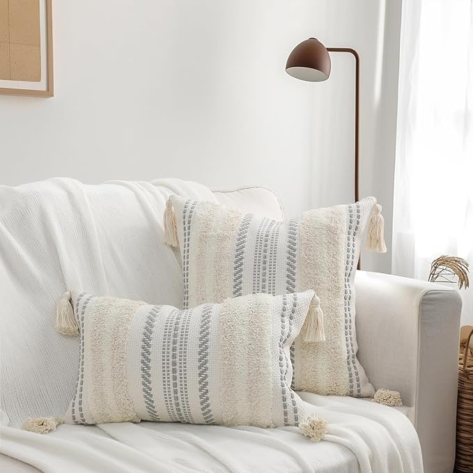 decorUhome Decorative Boho Throw Pillow Cover 20x20, Accent Neutral Textured Tufted Pillow Cover Striped for Couch Bed Sofa, Beige and Cream White, Pack of 1