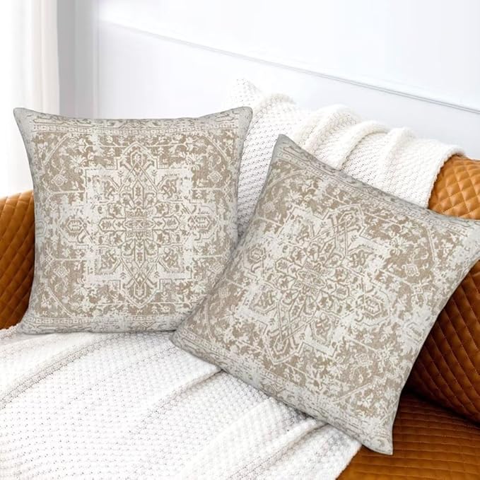 Boho Pillow Covers 16x16 Set of 2, Brown Beige Carpet Pattern Outdoor Decorative Throw Pillows Ethnic Rustic Farmhouse Cushion Cases Linen Gifts for Couch Sofa Decor