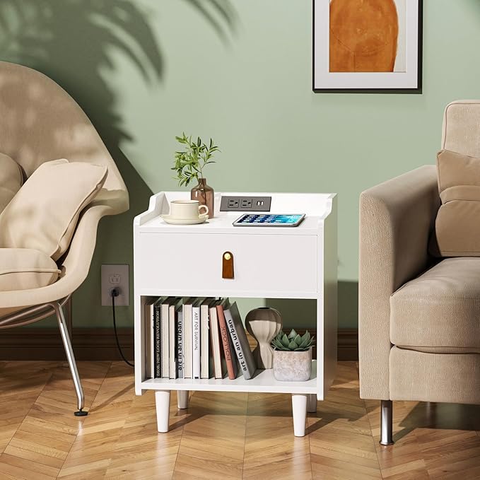 White Nightstand with Charging Station, Night Stand with Drawer and Leather Pull, Modern Bedside Table with Raised Edges& Wood Feet, Bed Side Table Bedroom End Table