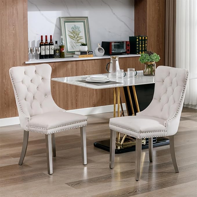 Goujxcy 70" Marble Dining Table Set for 6, Modern 7 Piece Dining Room Table Set with White Faux Marble Dining Table & 6 Beige Velvet Upholstered Chairs, Luxury Silver Kitchen Table Chairs Set of 6