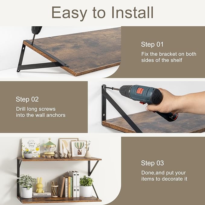 18"W x10"D Floating Shelves, Farmhouse Wall Shelves Home Decor Shelf, Deep Bathroom Shelves with Bracket, 10 Inch Deep Wall Shelf for Living Room, Kitchen, Bedroom, Rustic Brown, Set of 2