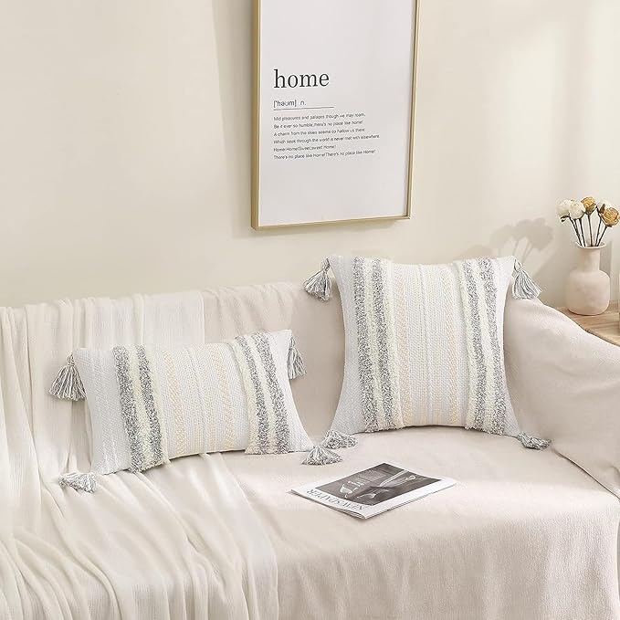 decorUhome Decorative Boho Throw Pillow Cover 18x18, Accent Neutral Textured Tufted Pillow Cover Striped for Couch Bed Sofa, Light Grey and Cream White, Pack of 1