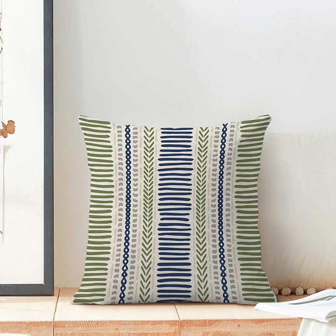 Boho Pillow Covers 20x20 Inch Set of Blue Sage Green Stripes Throw Pillow Covers Outdoor Decoration, Abstract Modern Bohemian Farmhouse Linen Decorative Cushion Cover for Home Decor Sofa Couch