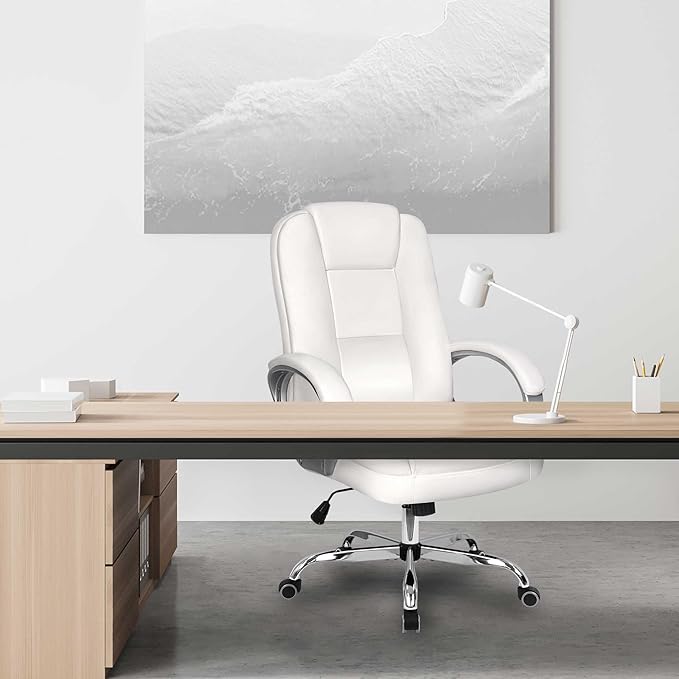 NEO CHAIR Office Desk Ergonomic Gaming Chair High Back Adjustable Computer Chair with Wheels and Lumbar Support Comfy Leather Executive Swivel (White)