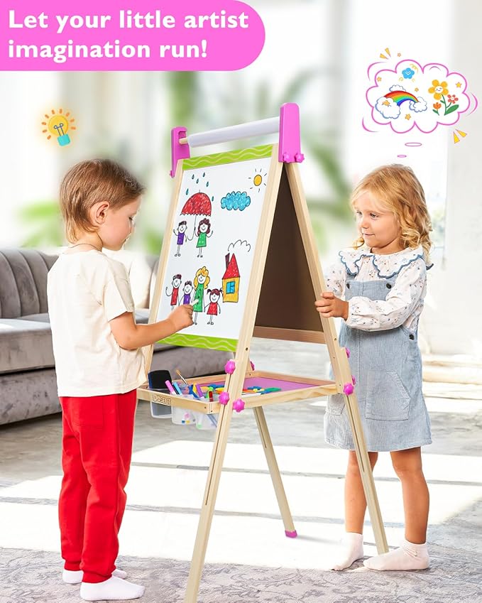 Easel for Kids,Toddler Art Easel Toys for Ages 2-4 5-7,Toys 2 3 4 5 6 7 8 9 Year Old Girl Gifts,Wooden Double-Sided Magnetic Dry Erase Whiteboard and Chalk Board with Paper Roll,Boy Girl Birthday Gift
