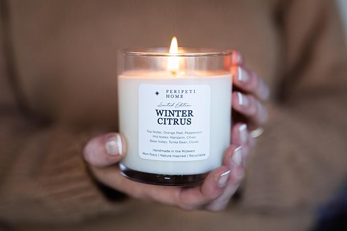 PERIPETI Home Winter Citrus Scented Candle, Classic Wick β 8.5oz Natural Soy Wax for Energizing Aromatherapy, Long-Lasting Burn