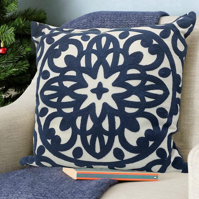 Alysheer Embroidered Decorative Throw Pillow Cover 20"x 20", Boho Mandala Modern Thick Embroidery Pattern, Durable Cotton Canvas Soft Cushion Case for Sofa Couch Bed Living Room (Navy Blue)