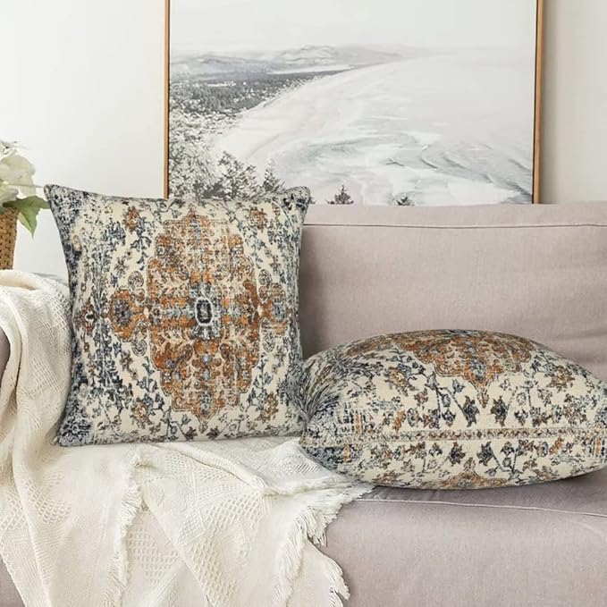 Ethnic Boho Throw Pillow Covers 16x16 Set of 2, Gold Blue Carpet Pattern Pillow Covers Rustic Farmhouse Cushion Cases Linen Decorative Gifts for Couch Sofa Indoor Outdoor