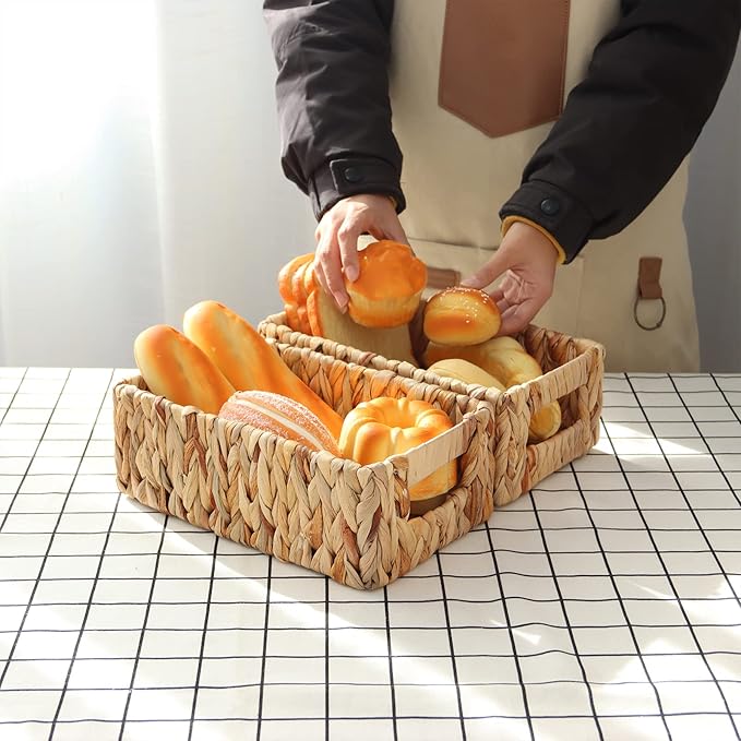 YAHUAN Woven Water Hyacinth Baskets for Organizing, Rectangular Wicker Baskets with Built-in Handles, Small Storage Baskets for Shelves, Kitchen, Make-Up,Toilet Tank Paper(Water Hyacinth 2-Pack)