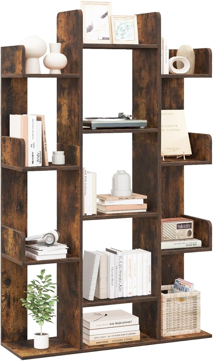 Tangkula Freestanding Tree Bookshelf, Corner Storage Organizer with 13 Open Shelves, Decorative Display Cube Shelf for Living Room, Study, Office, 34 x 9.5 x 55.5 Inch (2, Rustic Brown)