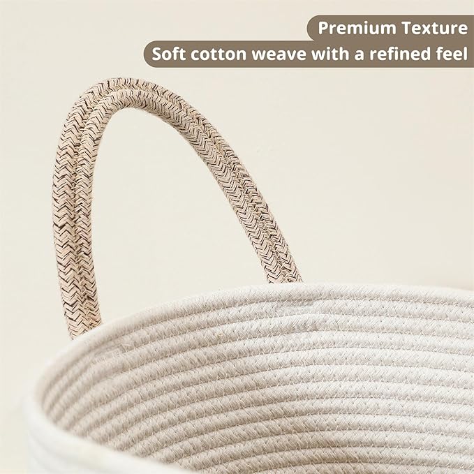 80L Large Woven Laundry Basket Hamper, 100% Natural Cotton Rope, Handwoven & Durable, Storage for Blankets, Toys, Clothes, Nursery Hamper for Living Room, Baby Room, Bedroom (Brown and White)