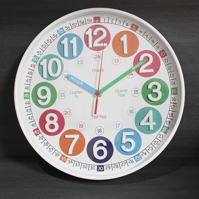 Learning Time Clock for Kids,12 Inch 3D Numbers Colorful Face Silent Clocks,Bedroom,Kitchen,Classroom,Décor at School, Clear Digital Wall Clock for Kids Room (3D White Classic)