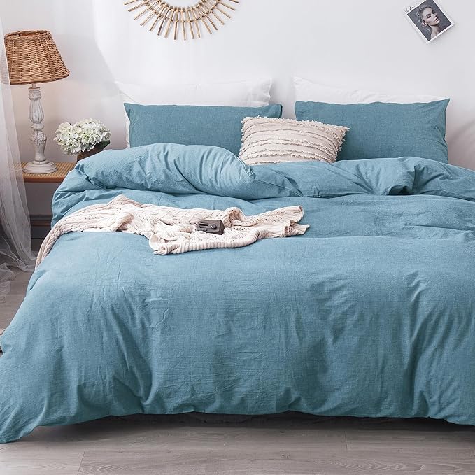 MooMee Bedding Duvet Cover Set 100% Washed Cotton Linen Like Textured Breathable Durable Soft Comfy (Heathered Peacock Blue, Oversized Queen 98"x98")