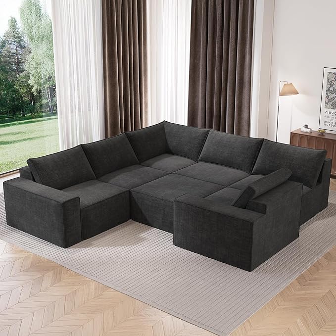 Vesgantti 143.7" Oversized Boneless Sectional Couch, Modern 6 Seater Modular Sofa with Ottoman & Deep Seat, Convertible Chenille Cloud Couches for Living Room, No Assembly Required, Dark Grey