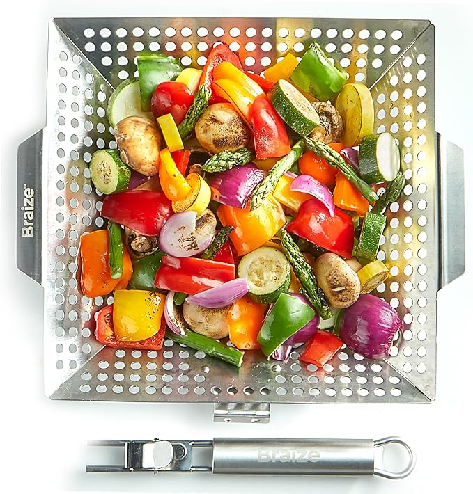 Heavy-Duty Stainless Steel Grill Basket – 12" x 13.75" Grilling Basket with Removable Handle – Large BBQ Basket for Vegetables, Fish & Meat