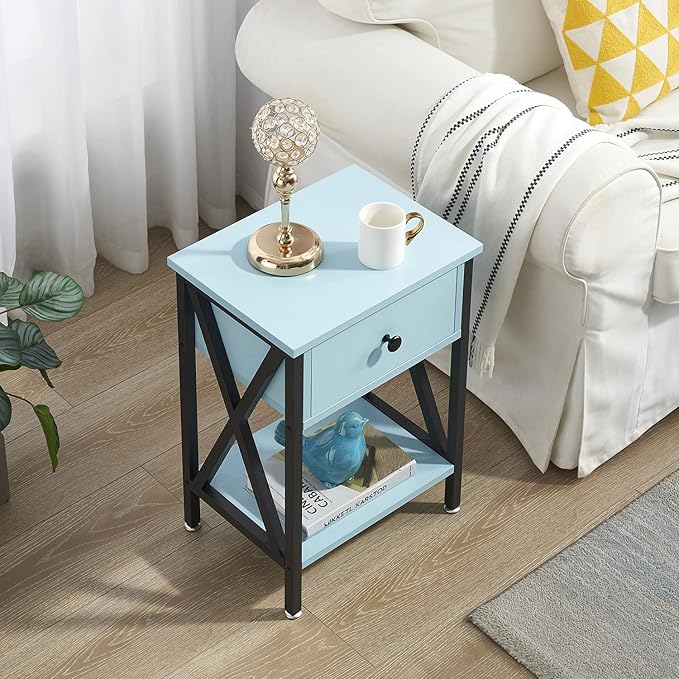 VECELO Nightstand,Modern Bedside End Table, Night Stand with Drawer and Storage Shelf for Living Room Bedroom, Industrial Metal Frame