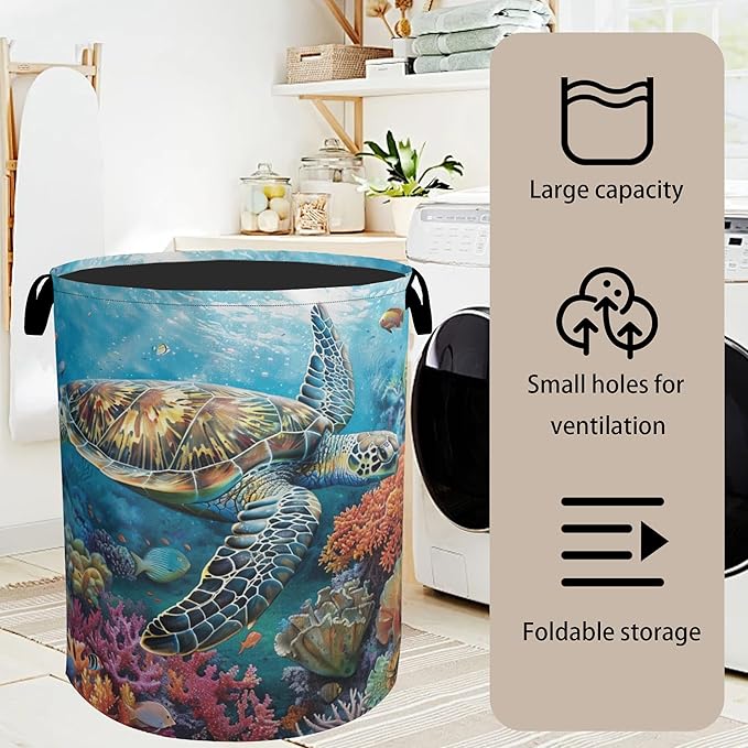 Sea Turtle Foldable Canvas Laundry Basket with Handles - Storage Organizer, Heavy Duty for Home,Bedroom, Dorm, Bathroom