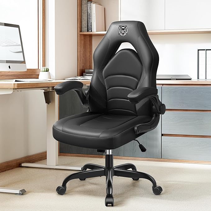 Gaming Chair, Leather High-Back Home Office Desk Chair with Flip-Up Arms, Ergonomic Padded Rolling Wheels Swivel Tilt Gamer Computer Chair with Comfy Lumbar Support, Height Adjustable, Black