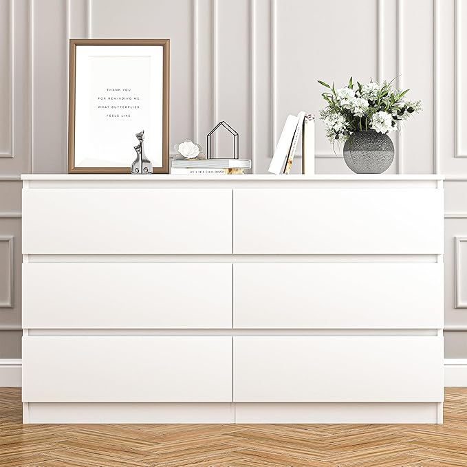 White Dresser for Bedroom,Modern Large 6 Drawer Dresser with Deep Drawer,Wide Storage Chest of Drawers,Wood Bedroom Storage Organizer Furniture for Closet