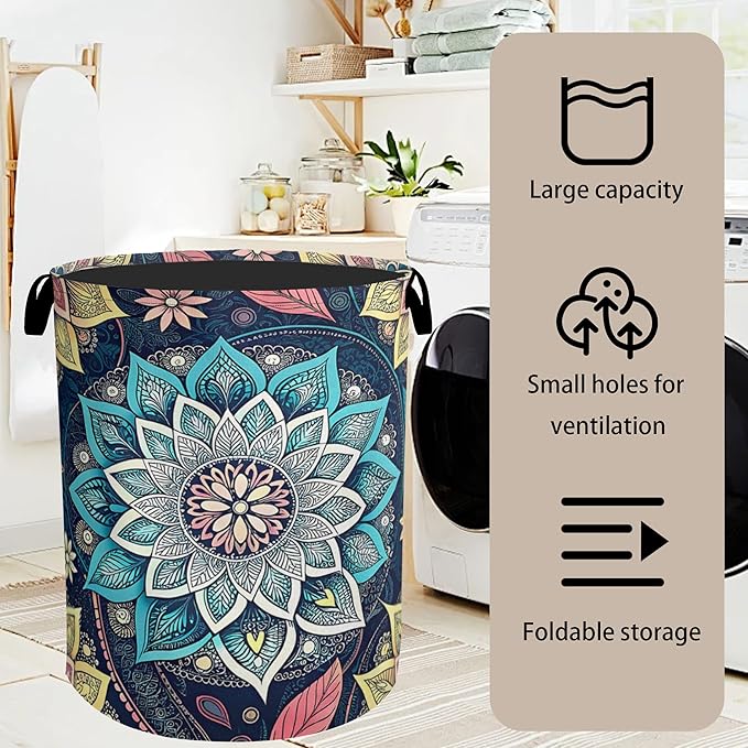 Bohemian Flowers Laundry Basket - Heavy Duty 60L Dirty Clothes Organizer, Water Resistant Foldable Hamper for Men Women