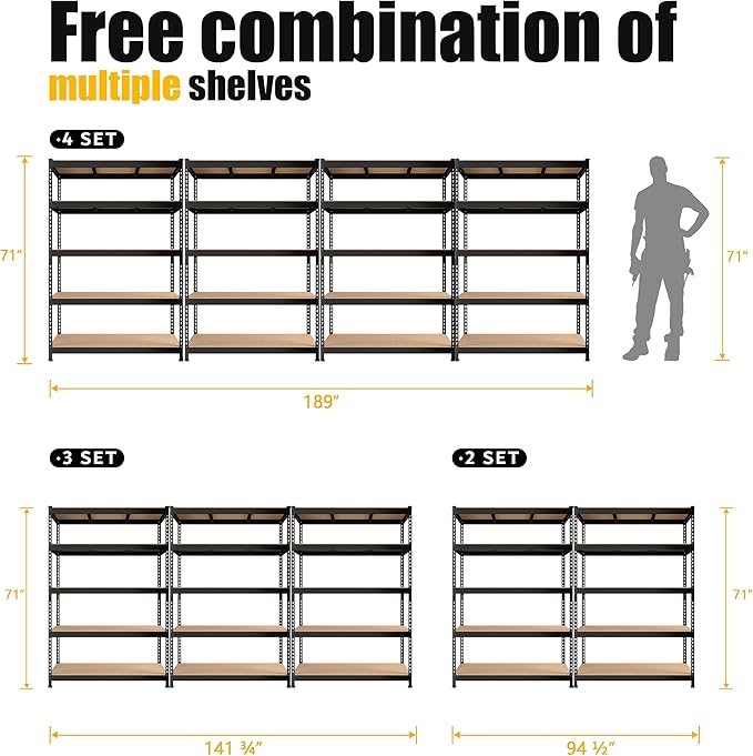 PrimeZone 47" W x 23.6" D x 71" H Large Heavy Duty Storage Shelves - 5 Tier Adjustable Garage Storage Shelving, Metal Storage Utility Rack Shelf Unit for Warehouse Pantry Closet Kitchen, Black