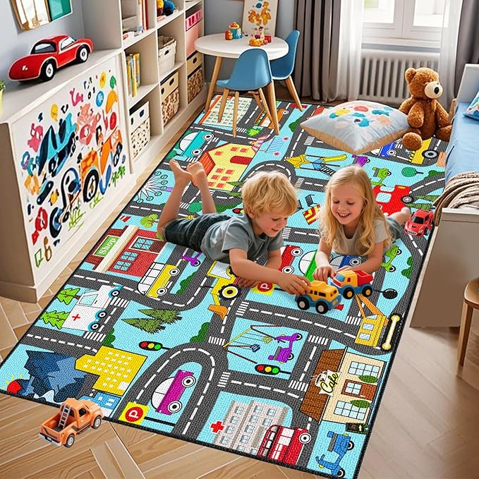 Car Mat for Kids Toy Cars - Car Track Rug Car Carpet for Kids Play Mat City Life Road Rug for Playroom Living Room Bedroom Classroom, 4'5''×6'