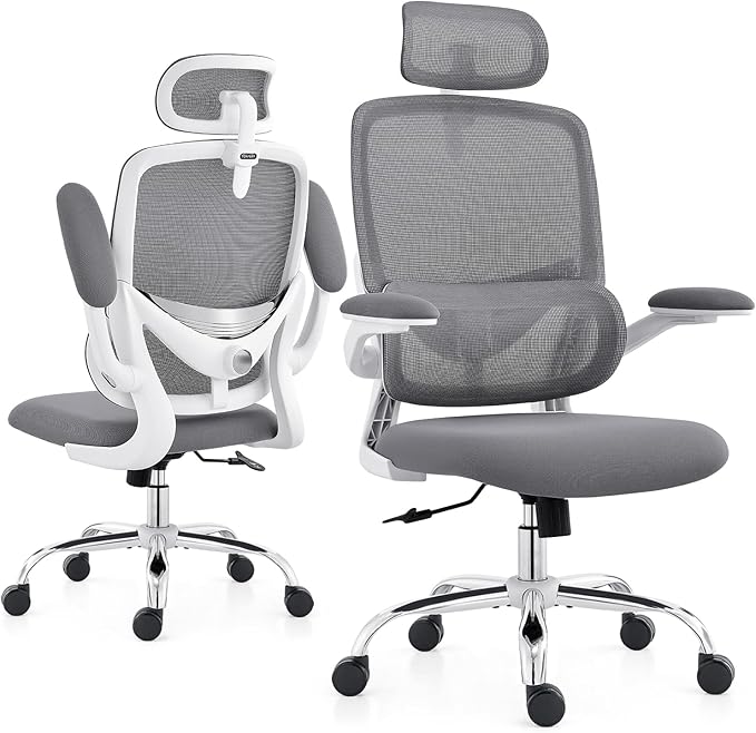 Ergonomic Home Office Chair, High Back Mesh Desk Chair with Adjustable Lumbar Support, Flip-up Armrest, Removable Headrest, Swivel Computer Gaming Chair, Space Saving, 330LBS (White+Grey)