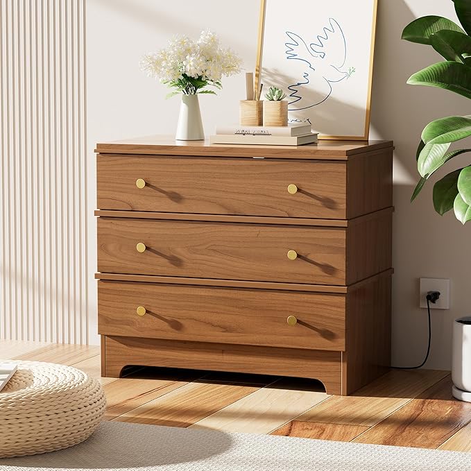 3 Drawer Nightstand with Charging Station, 28" Farmhouse Night Stand & Modern 3 Drawer Dresser for Bedroom,Wood Nightstands Storage Cabinet for Living Room, Hallway, Entryway, Home Office, Brown
