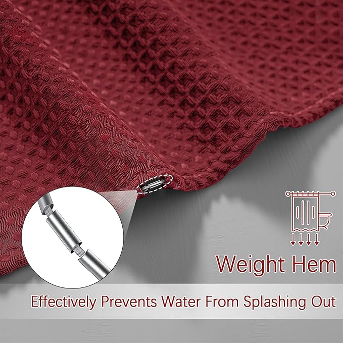 Extra Long Shower Curtain - 84 Inch Waffle Weave Weighted Thick Cloth Bathroom Shower Curtain, Wine Heavy Duty Hotel Bath Curtain Set with 12 Metal Hooks, 72x84 Burgundy