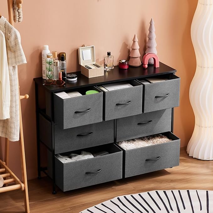 DUMOS Dresser for Bedroom with 7 Fabric Drawers, Chest Organizer Units for Clothing, Closet, Bedroom, Storage Tower with Cabinet, Metal Frame, Wooden Top, Lightweight Nursery Furniture, Grey