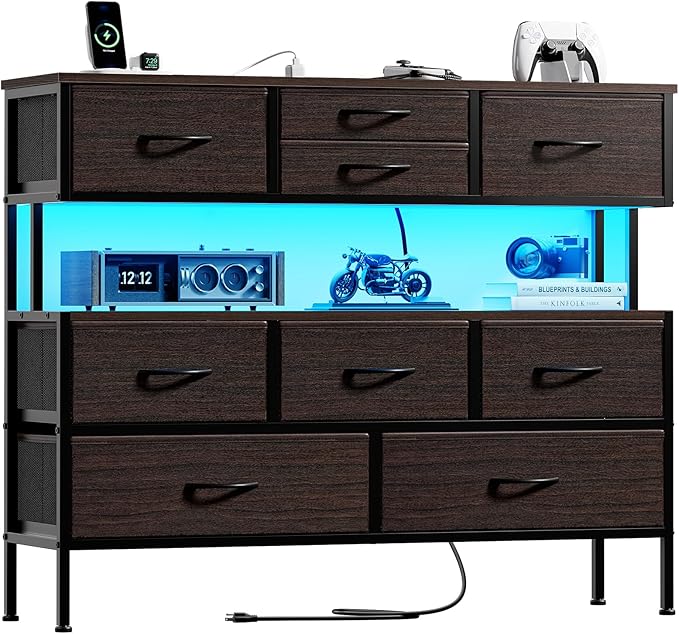 REAHOME Dresser TV Stand with Charging Station and LED Lights, 55” TV Stand Entertainment Center with 9 Drawers, Steel Frame, Large Storage Chest of Drawers for Bedroom, Living Room, Brown