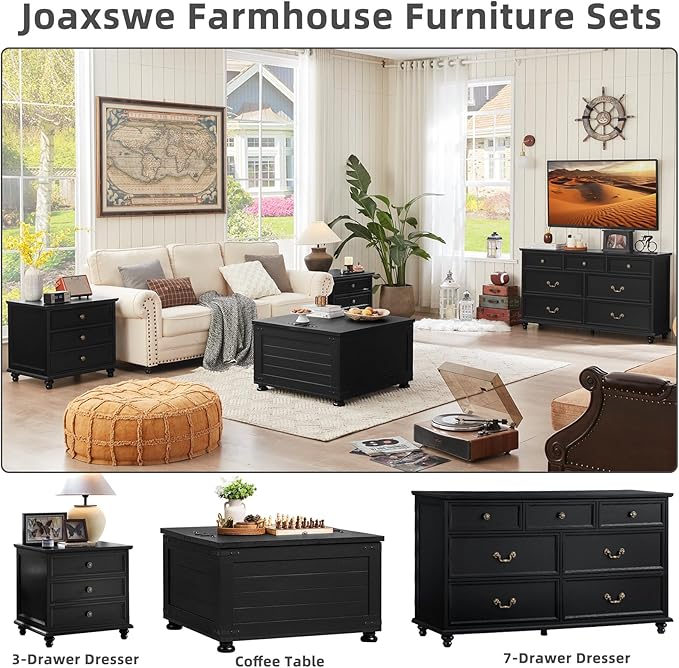 24" Wide Farmhouse Night Stand Set of 2,Large End Table with 3 Drawers & Metal Handle,Black Wood Dresser for Bedroom,Bed Side Table Chest of Drawers Cabinet,Nightstand for Living Room,Closet