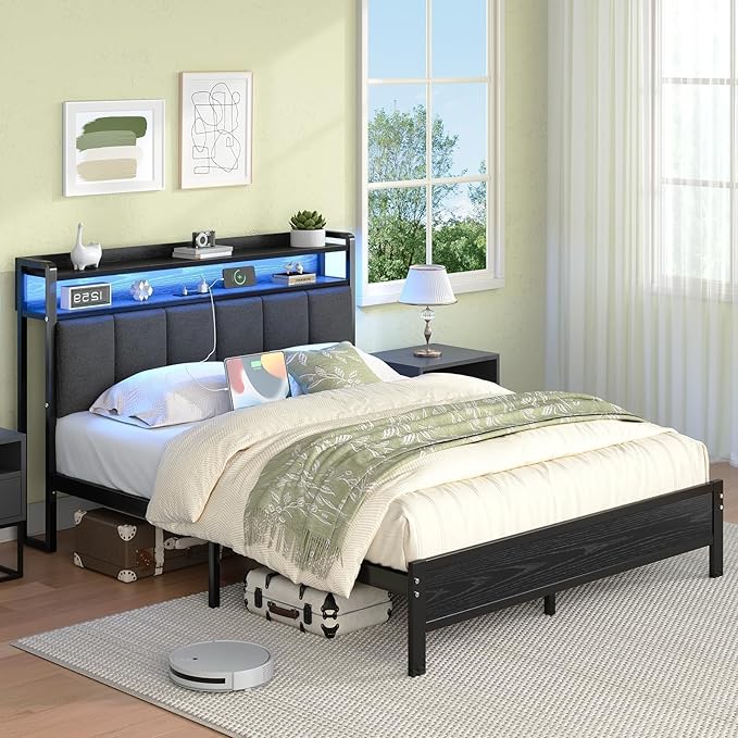 Full Size Bed Frame with LED Lights and Charging Station, Metal Platform Bed Frame Full with Upholstered Storage Headboard, Heavy Duty Metal Slats, No Box Spring Needed, Easy Assembly, Dark Grey
