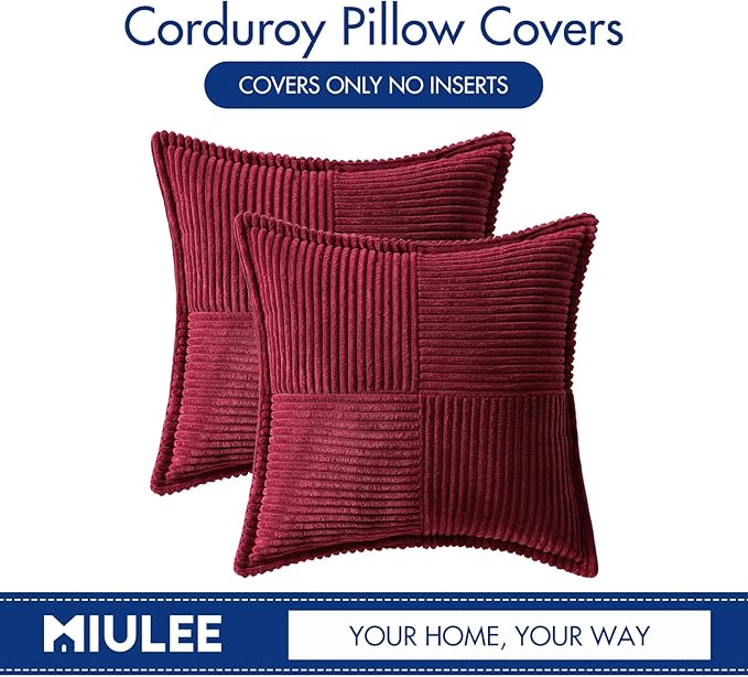 MIULEE Christmas Decorative Throw Pillow Covers for Couch Bed Livingroom 18x18 Inch Set of 2 Burgundy Boho Accent Throw Pllows Broadside Striped Patchwork Soft Corduroy Pillowcases