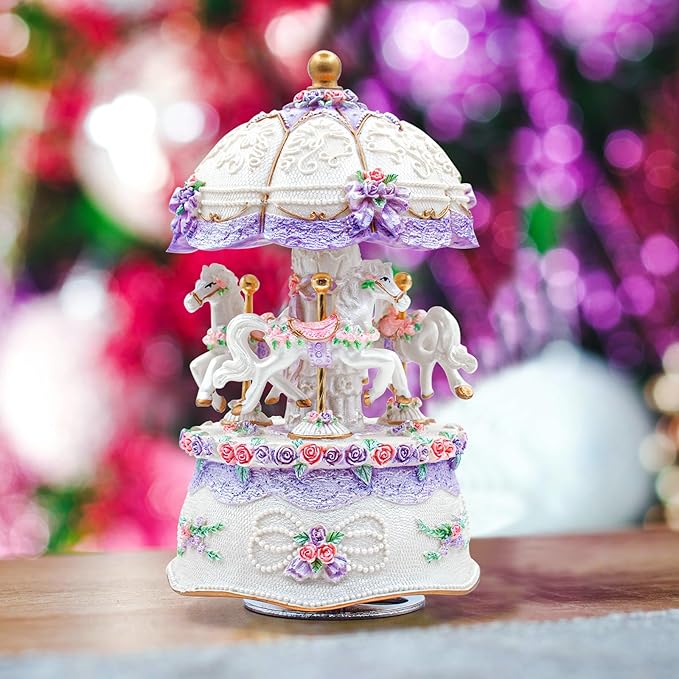 Carousel Music Box,Luxury Color Change LED Light Music Box,Luminous Rotating 3-Horse Musical Box with Gift Box for Girls Birthday Valentine Gift (Castle in The Sky, Purple)