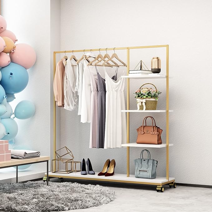 Metal Gold Clothing Rack for Boutique Use, Heavy Duty Garment Rack with Shelves for Retail Display (59L inches)