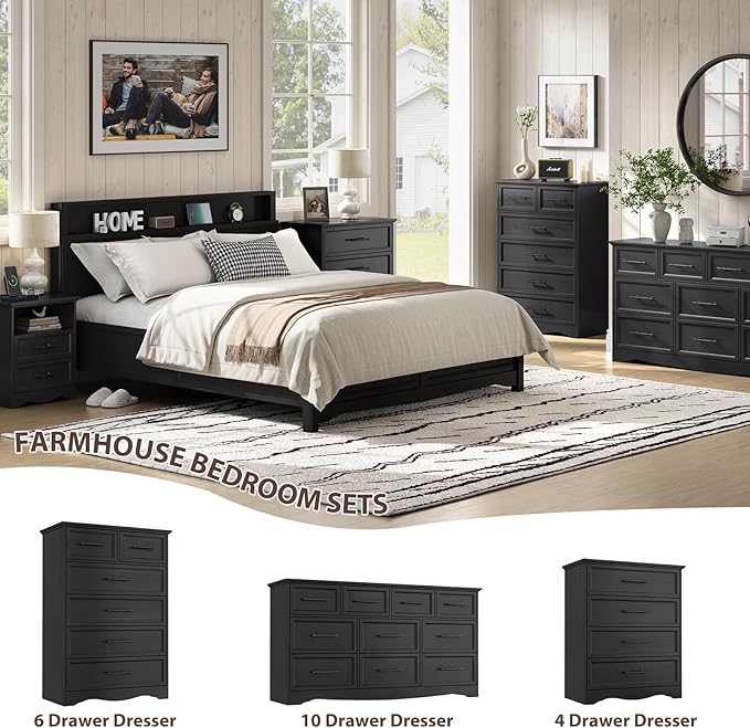 Black Farmhouse Dresser for Bedroom, 10 Chest of Drawers, 59" Wide Chest of Drawers with Brushed Metal Handle, Wood Closet Organizers and Storage Cabinet for Bedroom, Living Room, Hallway