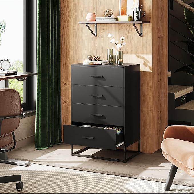 WLIVE Black Dresser for Bedroom with 4 Drawers, Tall Wood Dresser with Sturdy Metal Frame, Wooden Chest of Drawers for Hallway, Living Room, Closet